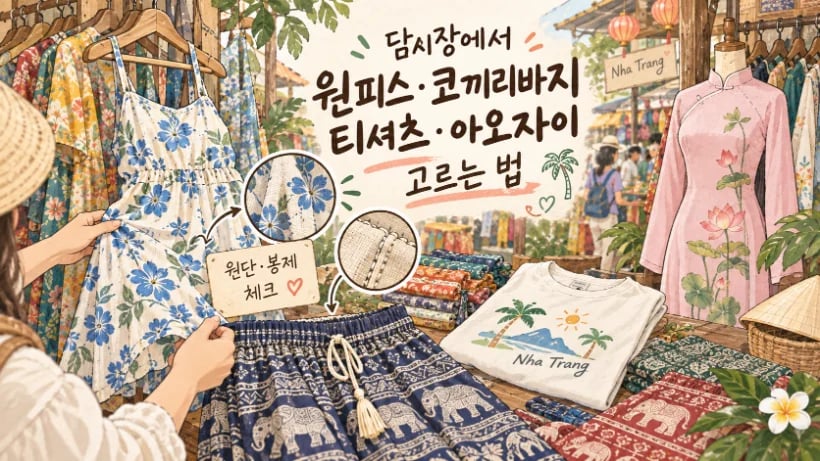 나트랑 담시장에서 원피스와 코끼리바지, 티셔츠, 아오자이를 살펴보는 장면