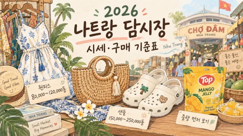 나트랑 담시장의 원피스와 라탄백, 샌들, 망고젤리 등 주요 쇼핑 품목을 보여주는 일러스트