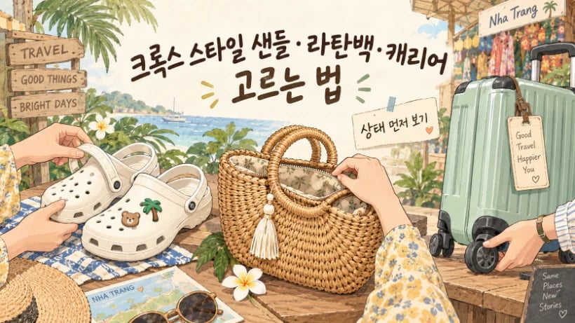 크록스 스타일 샌들과 라탄백, 여행용 캐리어의 상태를 살펴보는 장면