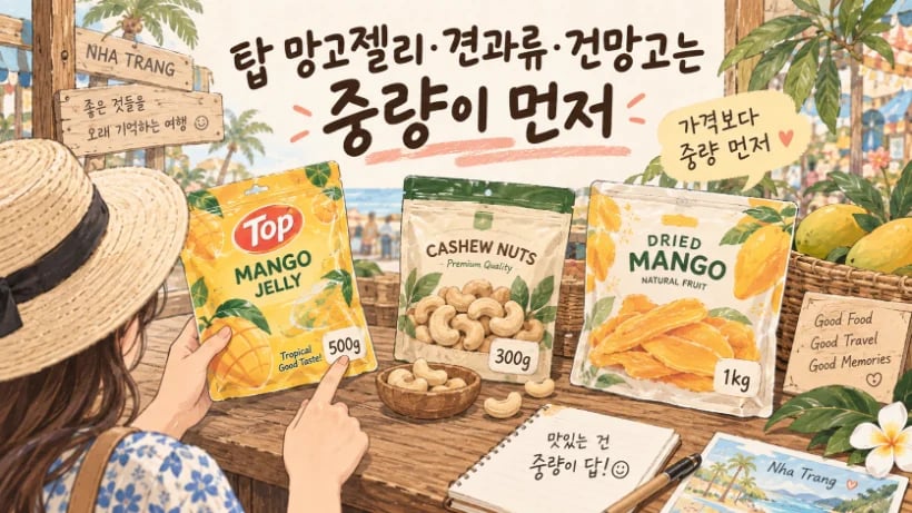 탑 망고젤리와 견과류, 건망고의 포장 중량을 비교하는 나트랑 담시장 쇼핑 장면