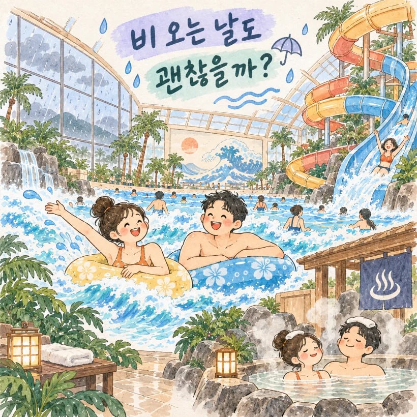 비 오는 날 다낭 미카즈키 실내 워터파크에서 여행자가 물놀이를 즐기는 모습