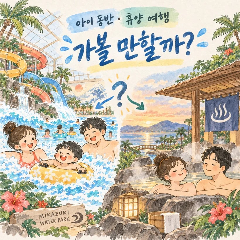 가족과 성인 여행자가 다낭 미카즈키 워터파크와 온천을 즐기는 모습을 표현한 일러스트