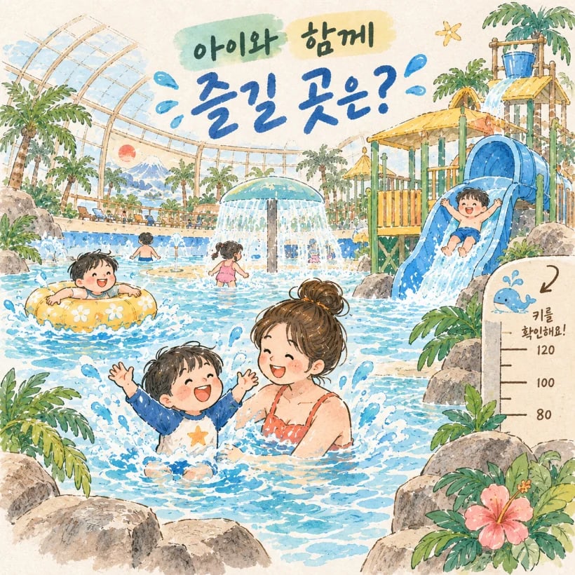 아이와 부모가 다낭 미카즈키 워터파크 어린이 풀과 워터슬라이드를 이용하는 모습