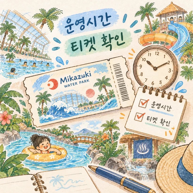 다낭 미카즈키 워터파크 티켓과 시계로 운영시간과 이용 조건 확인을 표현한 일러스트