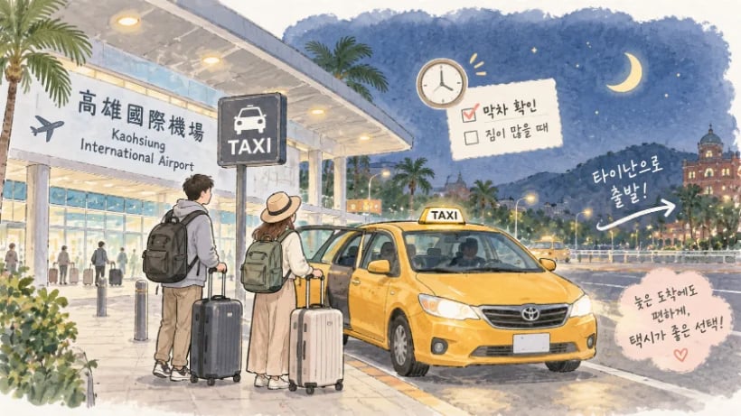 늦은 밤 가오슝공항에서 짐을 들고 택시로 타이난까지 이동하는 여행자 모습