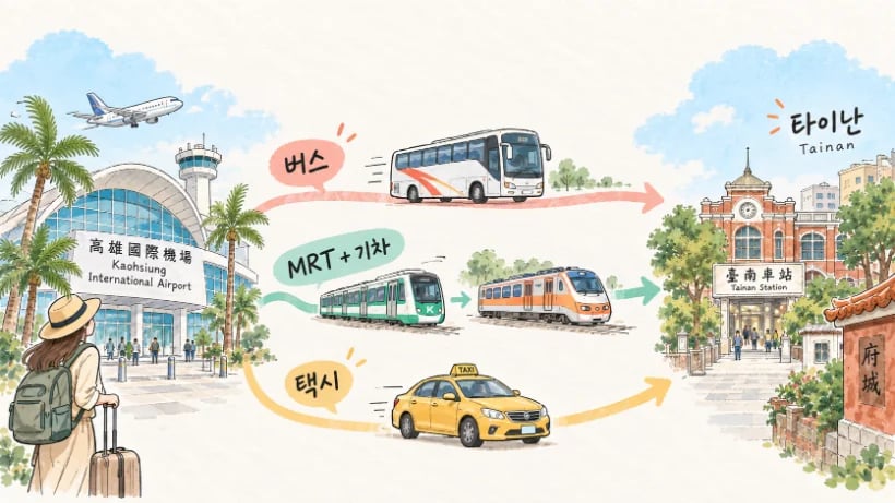 가오슝공항에서 타이난까지 버스, MRT와 기차, 택시 중 이동수단을 선택하는 여행자 일러스트