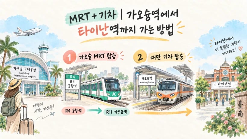 가오슝공항에서 MRT를 타고 가오슝역에서 기차로 환승해 타이난역까지 이동하는 과정